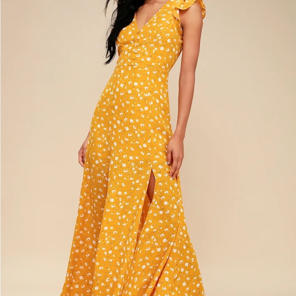 NWT Lulu’s Fresh Picked Mustard Yellow Floral Print Backless Maxi Dress